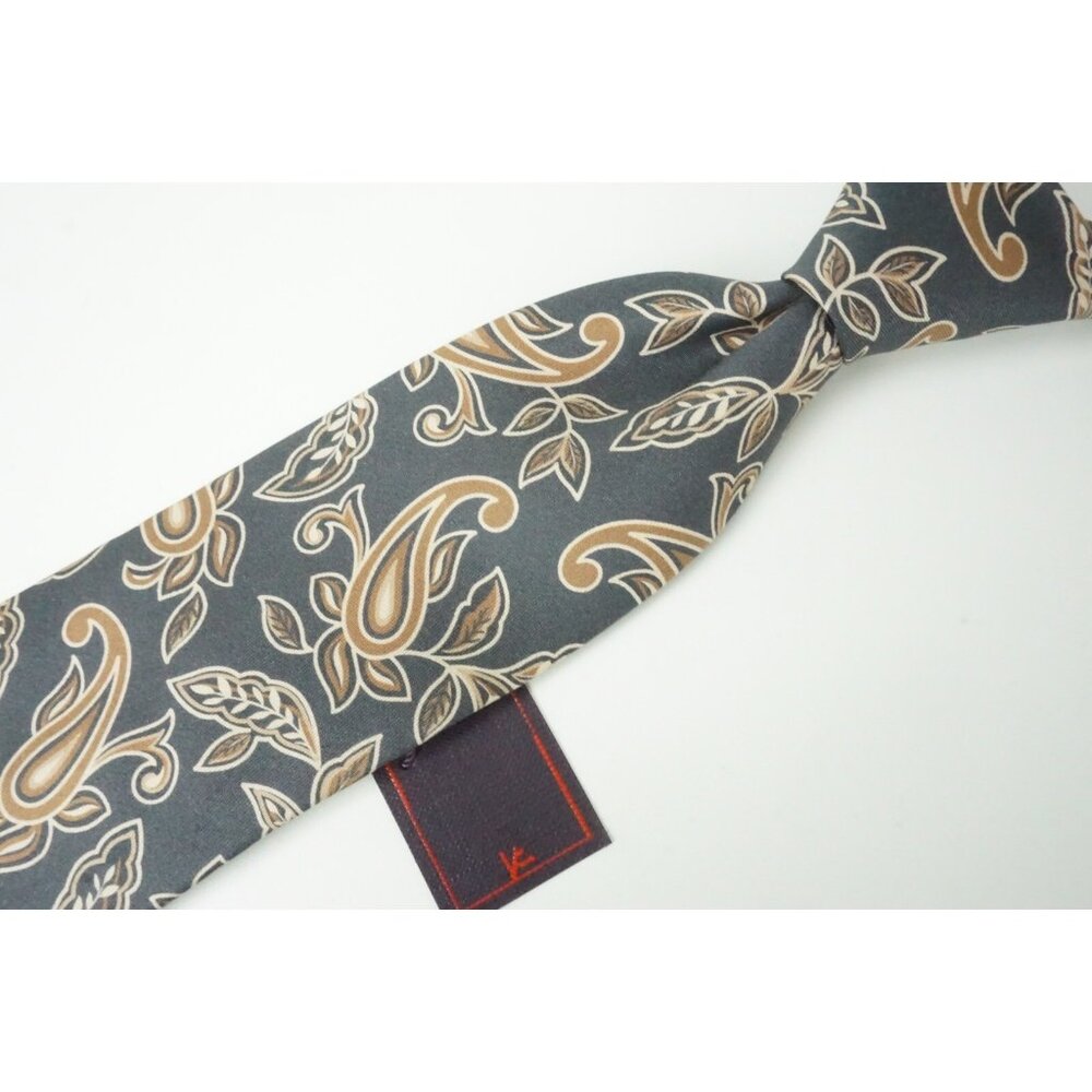 Isaia 7 Fold Pewter Gold Paisley Floral 100% Silk Tie BRAND NEW
